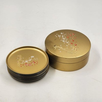 Otagiri Japan 6 Round Cherry Blossom Gold Black Lacquered Coasters 4”