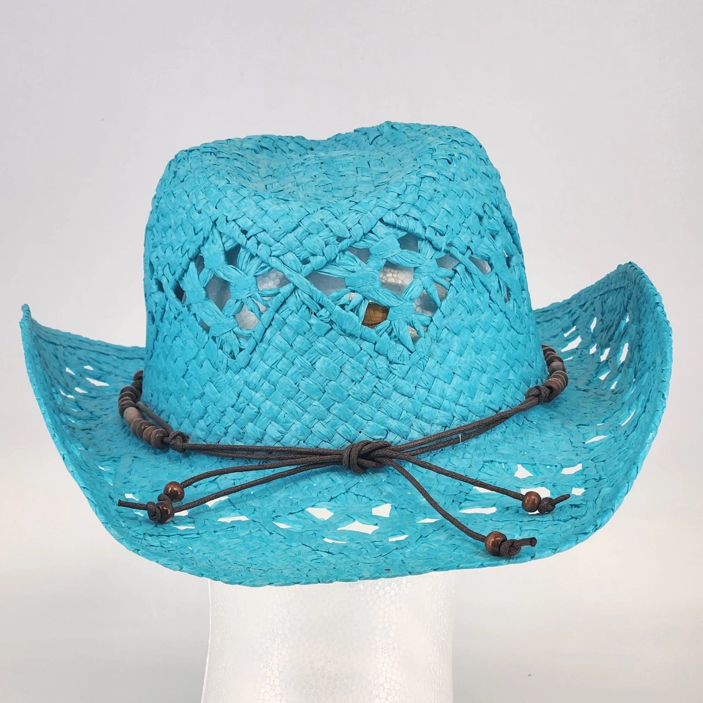 Something Special Turquoise Cowboy Hat Paper Straw Open Weave Brown Beads Boho