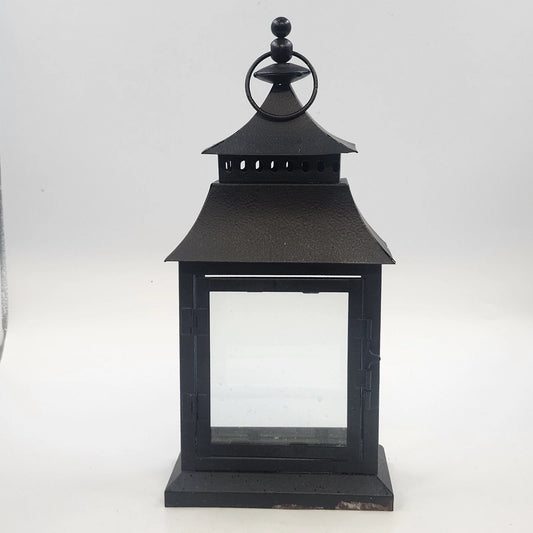 Candle Lantern 13" Black Metal Glass Rustic Farmhouse Hanging Pagoda /Tabletop