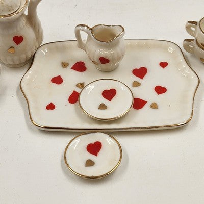 10pcs Miniature Tea Set White Red Heart Chintz Decal Gold Trim 4.5"x3" Taiwan