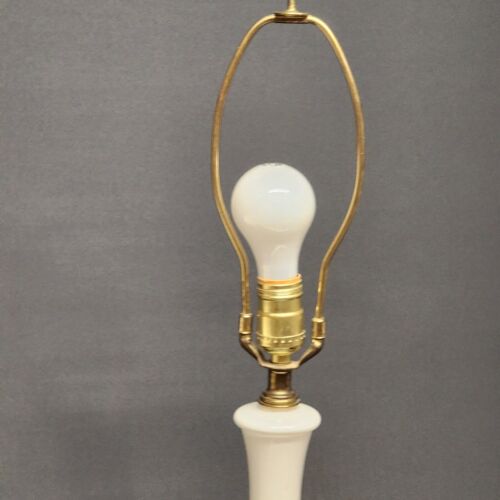 Milk Glass Brass Floral Table Lamp Cast Base 16" Silk Brocade Scallope Shade 11"