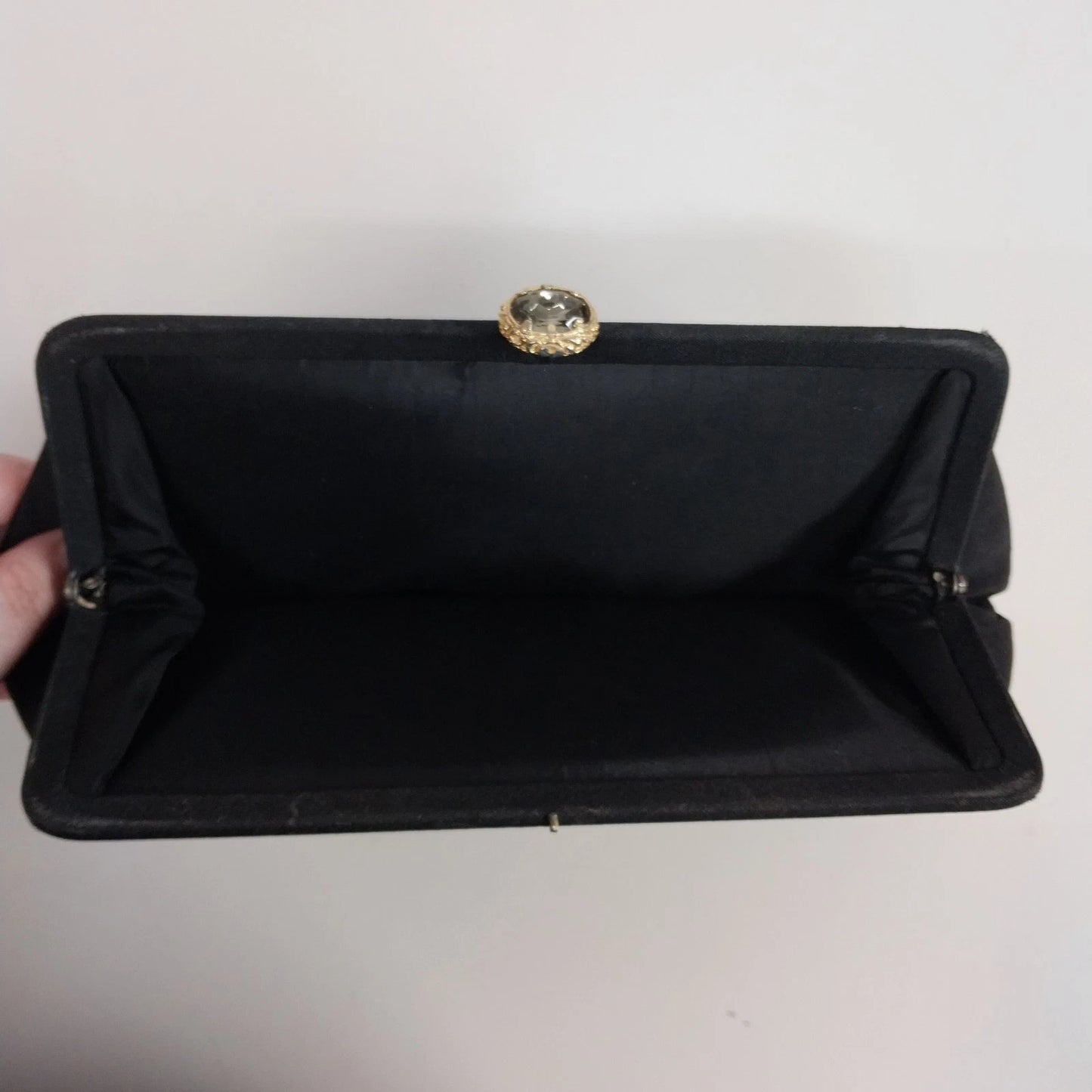 Black Structured Clutch Purse Bag Gold Faux Stone Clasp Vintage Eveningwear