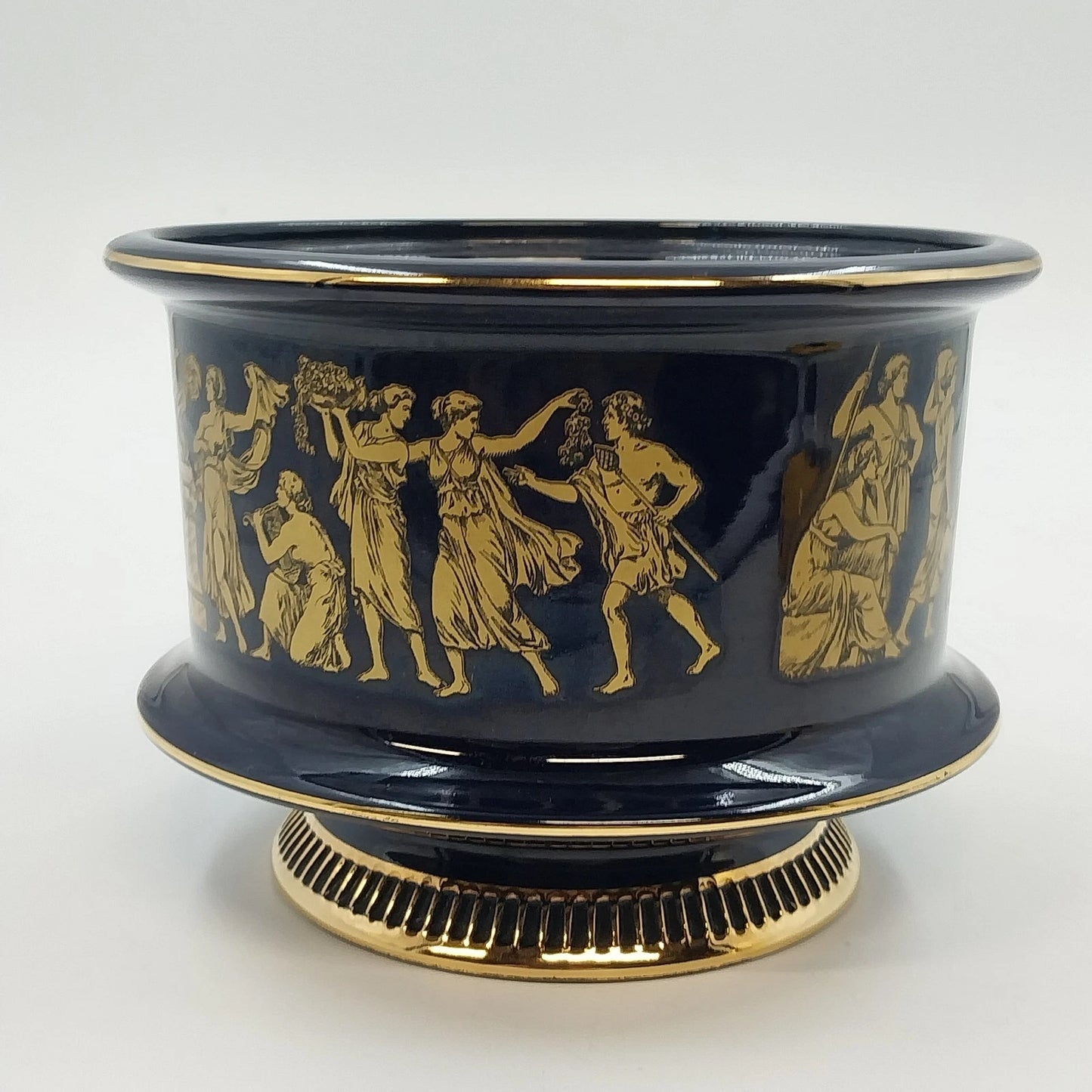 Florentine Italy Footed Pottery Bowl Cobalt Blue Gold Classical 4" Tall x 5.25"d