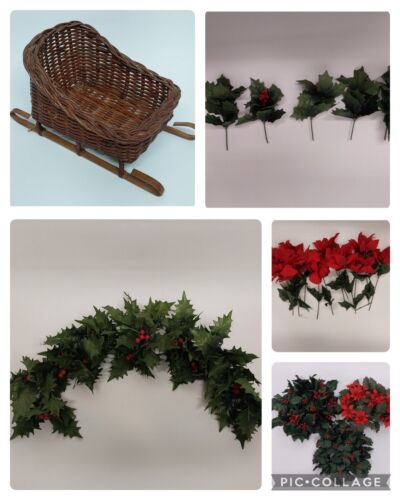 45 pc Christmas Floral Arrangement Picks Candle Rings 2 Bows Small Wicker Sleigh