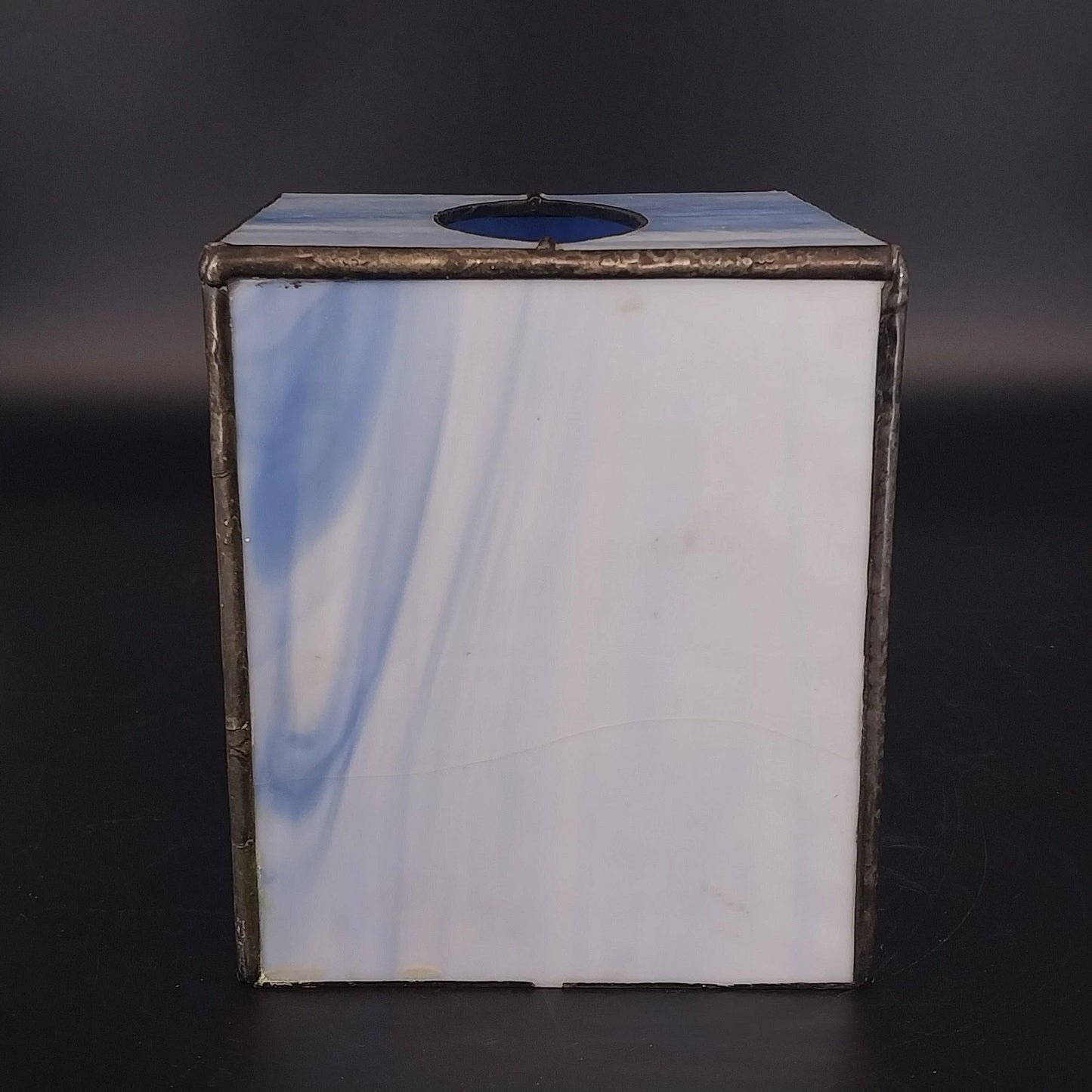 Stained Glass Tissue Box Cover Blue Swirl Slag Glass Metal 5" Bathroom Decor Vtg
