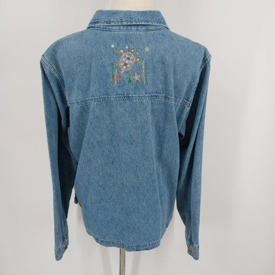 Christopher & Banks Denim Shirt Jacket Size Large Embroidered Long Sleeve Casual