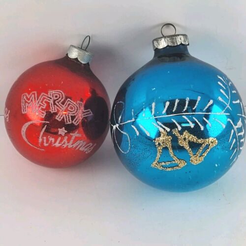 2 Vintage Glass Christmas Tree Ornaments Red Blue Bals White Printing