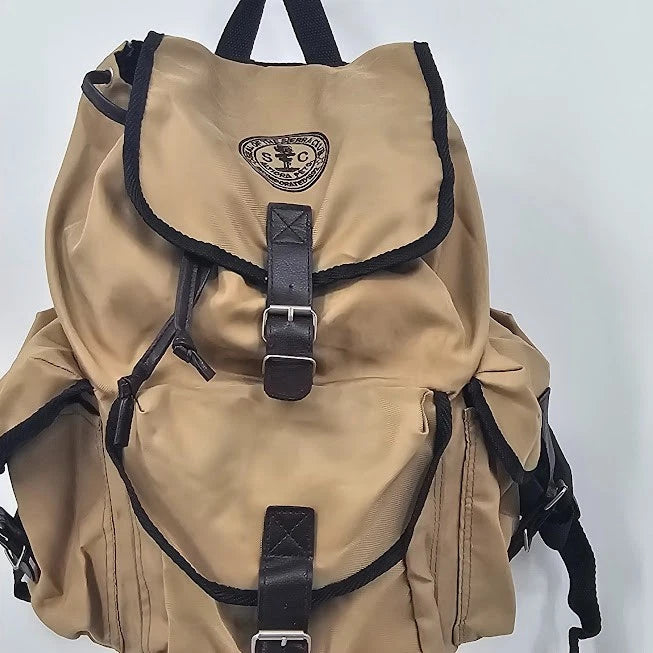 Sierra Club Canvas Rucksack Backpack Tan Cotton Daypack 3 Pocket Hiking Bag Vtg