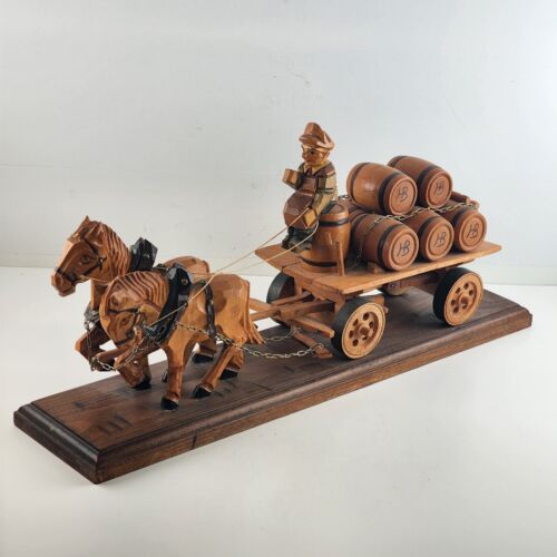 Hand Carved Wood 2 Horse Drawn Wagon Carrying Hofbräuhaus Kegs Germany 18" Vtg