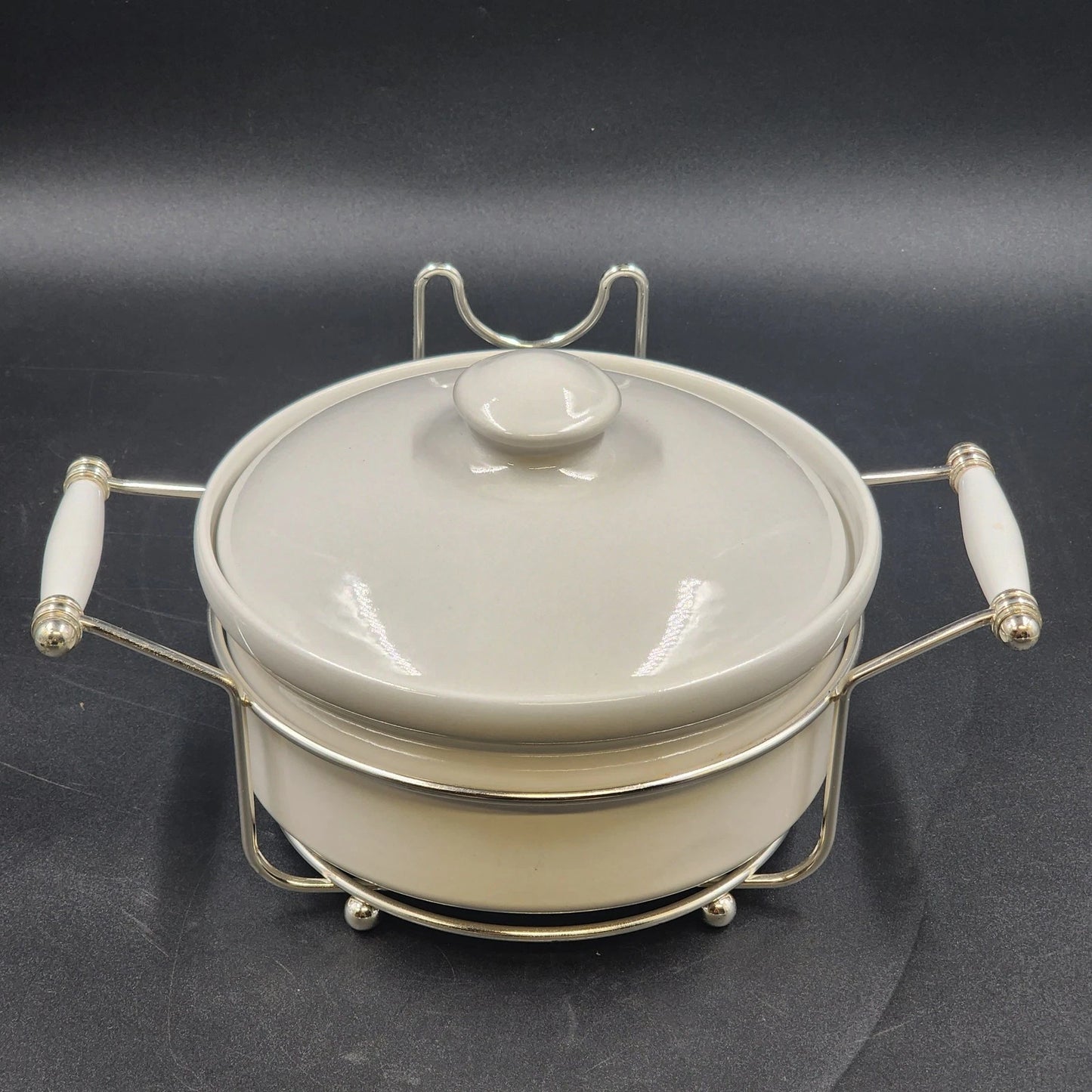 Simpson Ovenstone Casserole Dish with Lid & Silver Plated Serving Caddy 8" Vtg