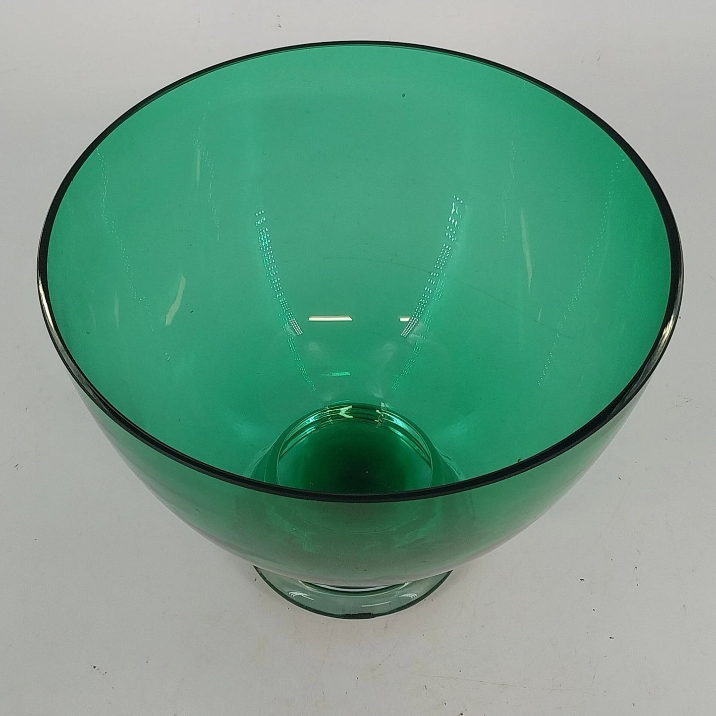 Crate & Barrel Emerald Green Art Glass Bowl Clear Base MCM Centerpiece Poland