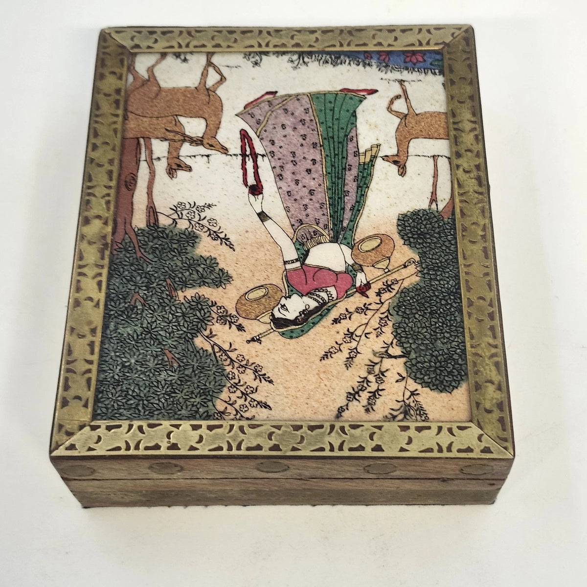 Wood Jewelry Trinket Box Painted Woman Deer Brass Inlay Purple Velvet 5.25"