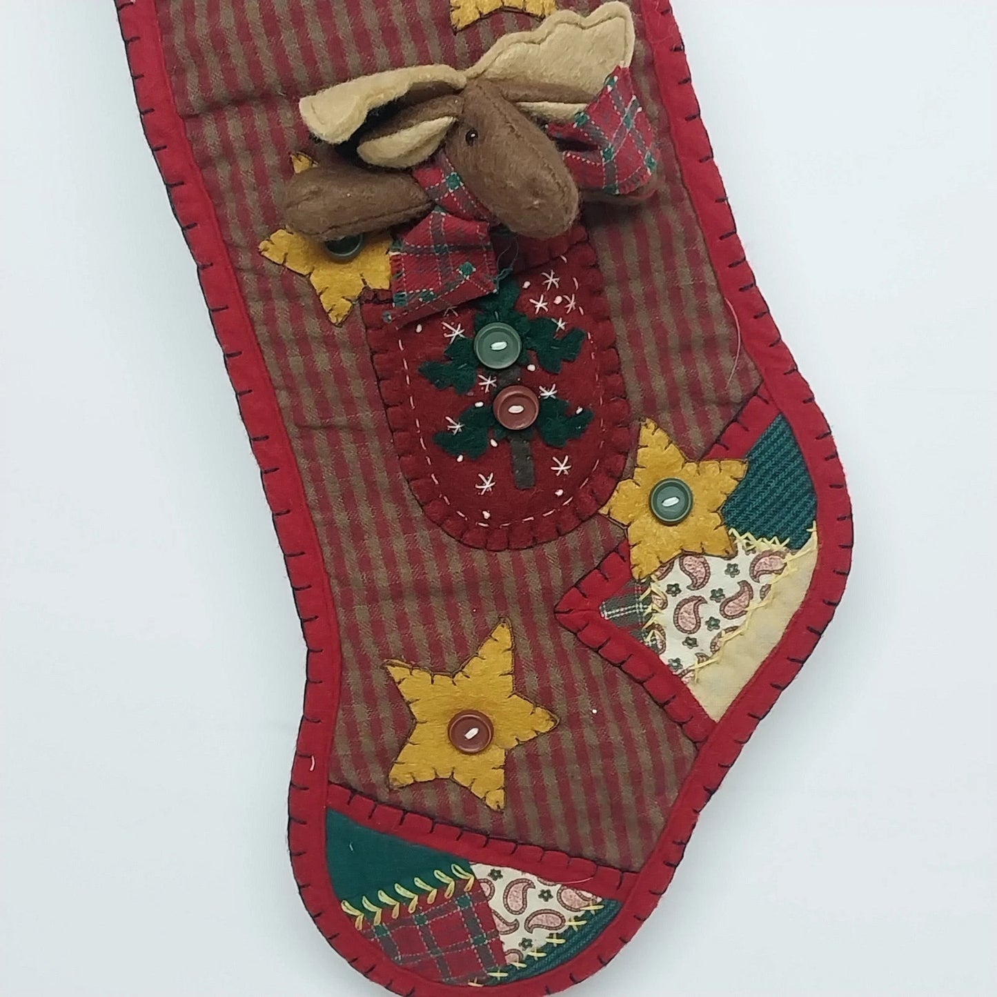 Tender Heart Treasures Moose Plaid Applique Christmas Stocking 18" Vtg 1999