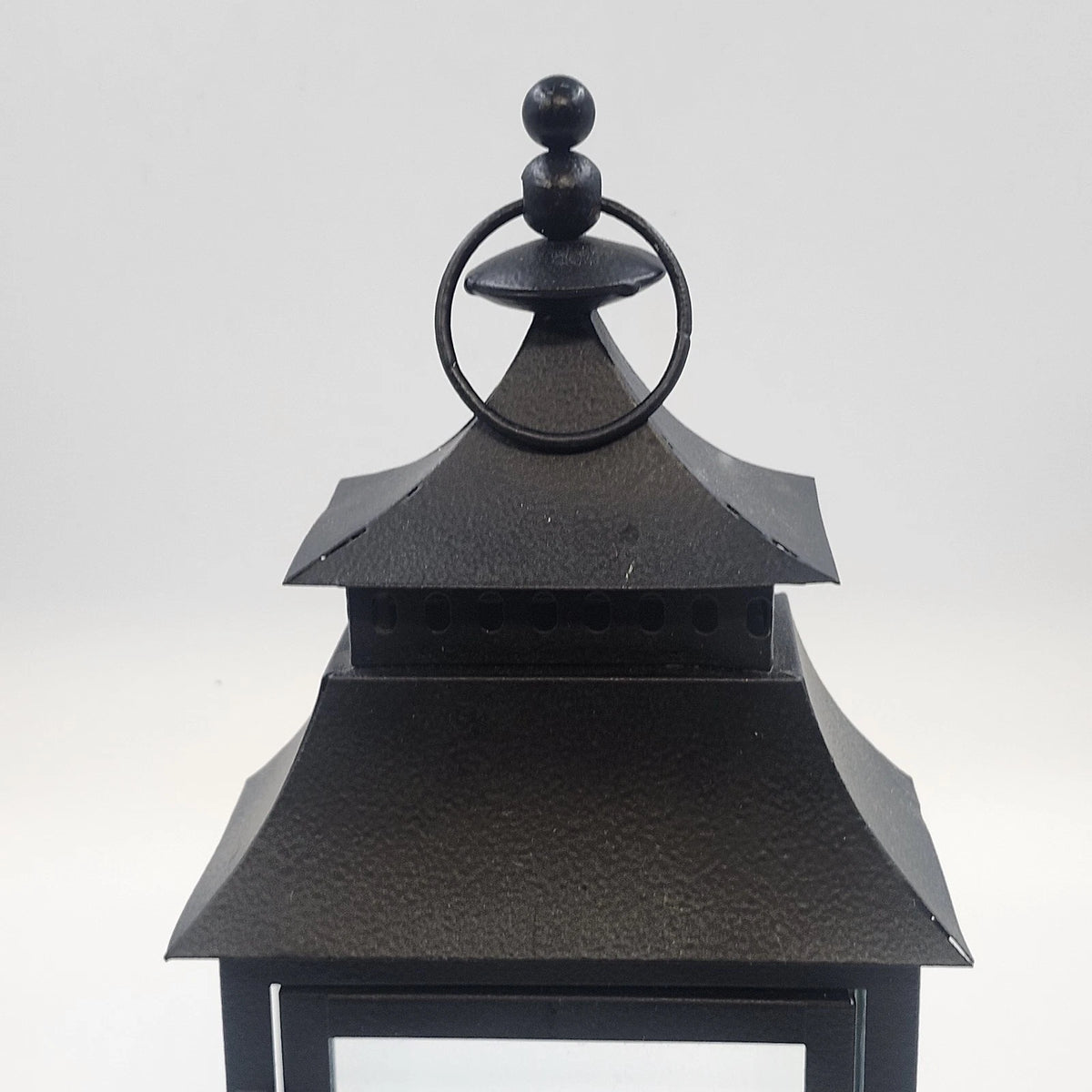 Candle Lantern 13" Black Metal Glass Rustic Farmhouse Hanging Pagoda /Tabletop