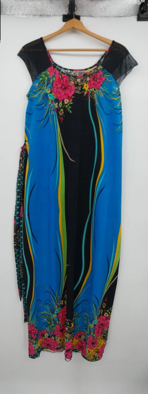Tropical Floral Silk Maxi Dress M-L Caftan Mrs Roper Style Long Summer Belt