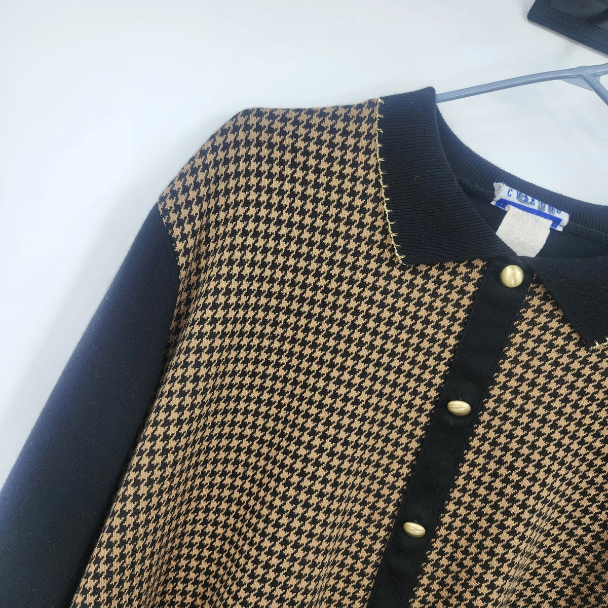 Cape Cod Sportswear Houndstooth Polo Sweater Navy Brown Gold Buttons Collared