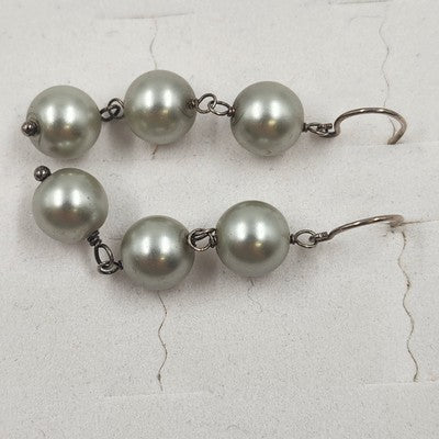 Sterling Silver 925 Triple White Gold Faux Pearl Dangle Drop Earrings 2"