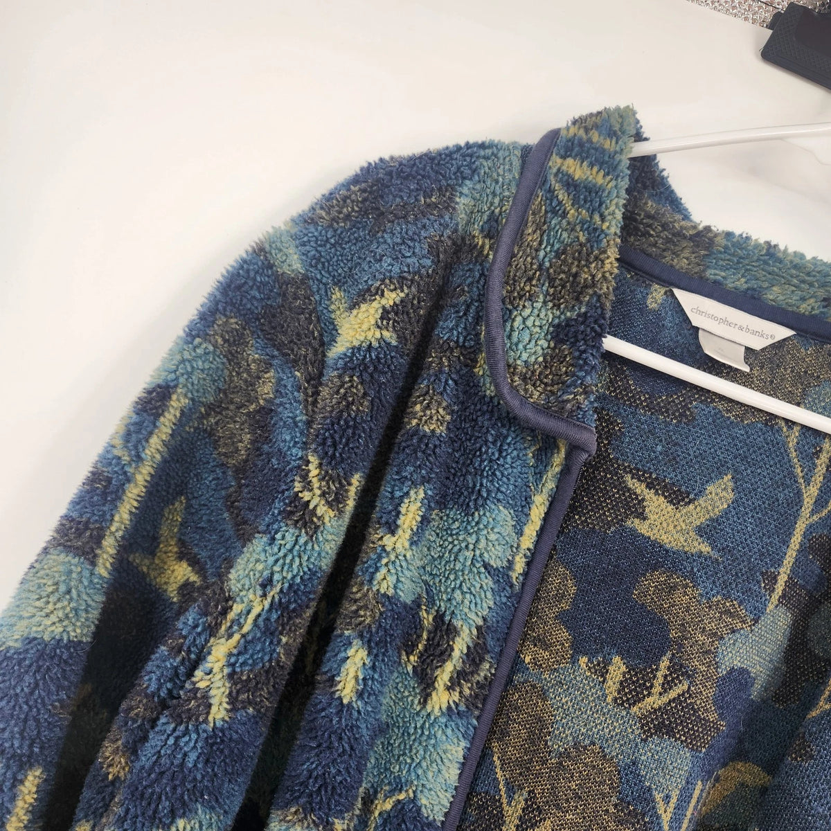 Christopher & Banks Women's Fleece Jacket XL Blue Floral Birds Nature Full Zip
