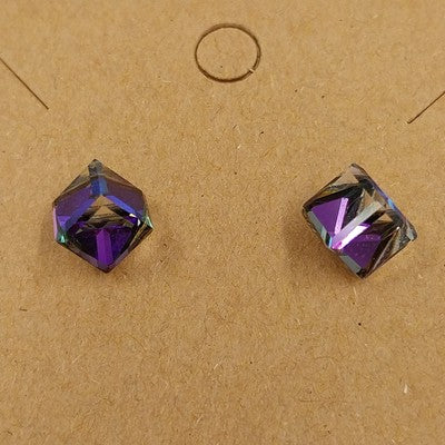 2 Pair Stud Earrings Gold Yellow & Silver Clear Purple Cube Stones