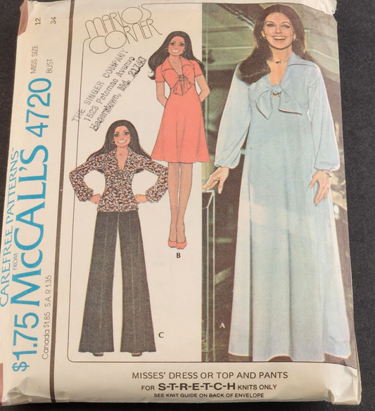 McCall's 4720 Vintage Sewing Pattern Misses Dress Or Top & Pants 6 8 10 12 14 16