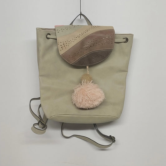 Beige Backpack Purse Faux Leather Bucket Bag Tassel Drawstring Flap Women's