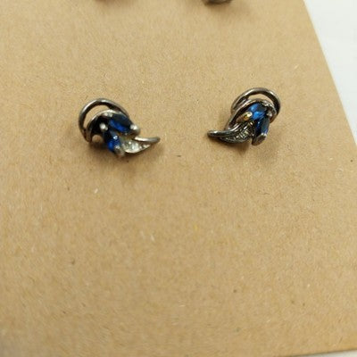 Set of 2 Stud Earrings Silver Tone with Purple and Blue Rhinestones