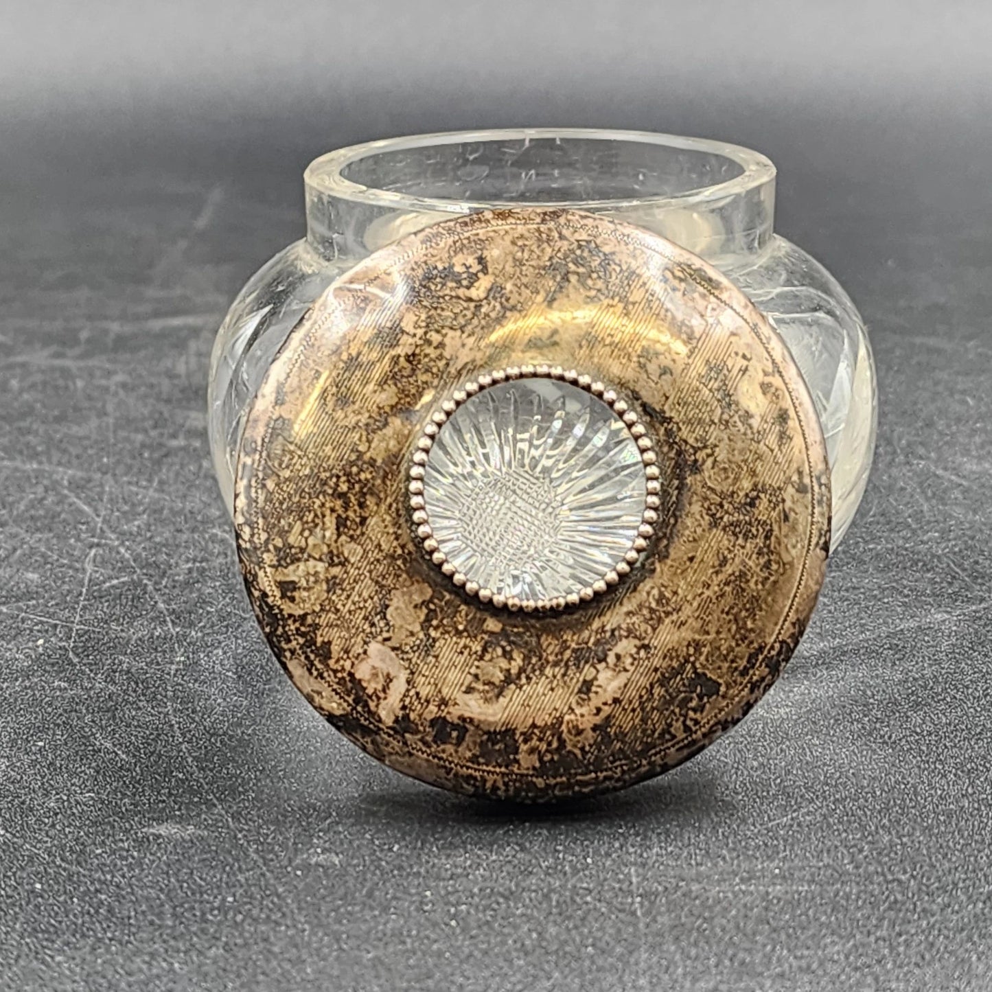 Antique Cut Crystal Hair Receiver Jar Silver Plate Lid 1920 Victorian Era