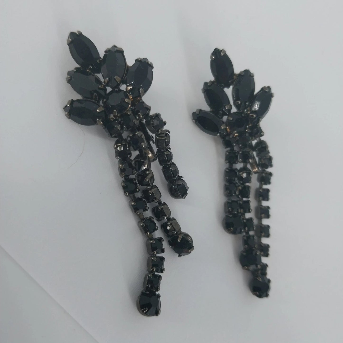 Black Crystal Cluster Dangle Earrings Gunmetal Rhinestone 2" Fashion Jewelry Vtg