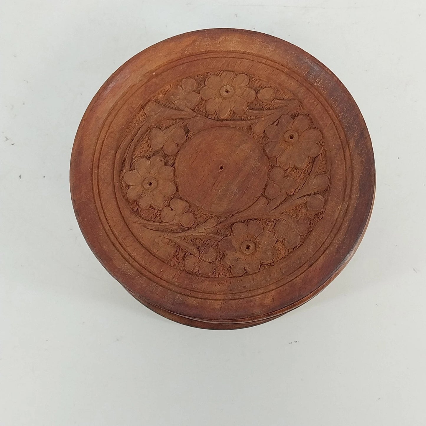 Indian Carved Natural Wooden Coasters Set 6 Floral Rustic Drink Disc 4" Vintage