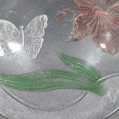 LE Smith 12.5" Clear Frosted Glass Plate Painted Iris & Butterfly Design Vtg