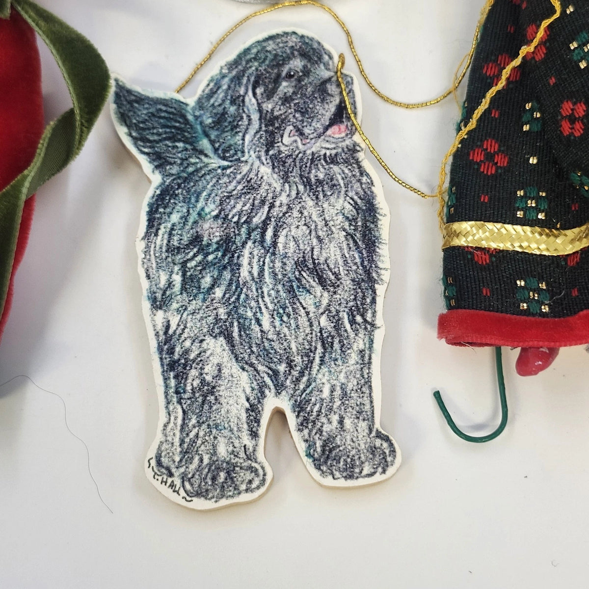 Christmas Ornaments Lot 4 Elf Knitting Lady Guitar Newfoundland Dog Mixed Media
