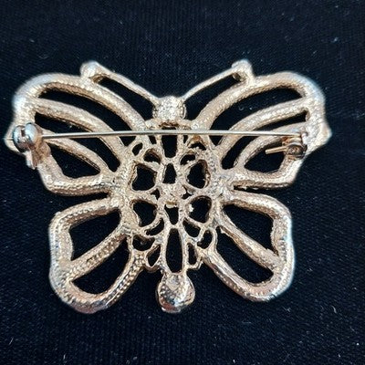 Gold Tone Butterfly Brooch Clear & Amber Faceted Rhinestones Large Pin Vintage