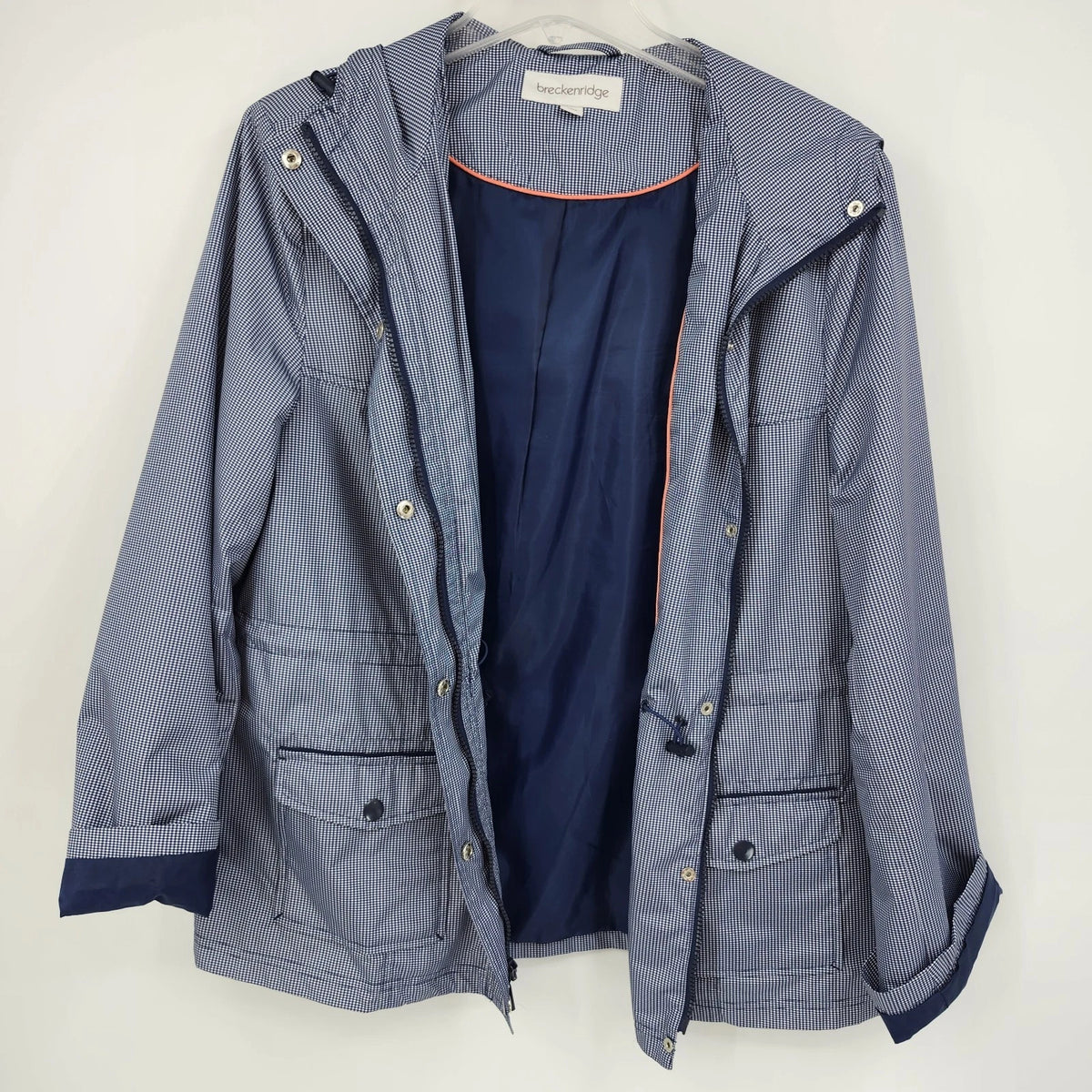 Breckenridge Women's Large Raincoat Blue White Check Hooded Full Zip Snap Jacket