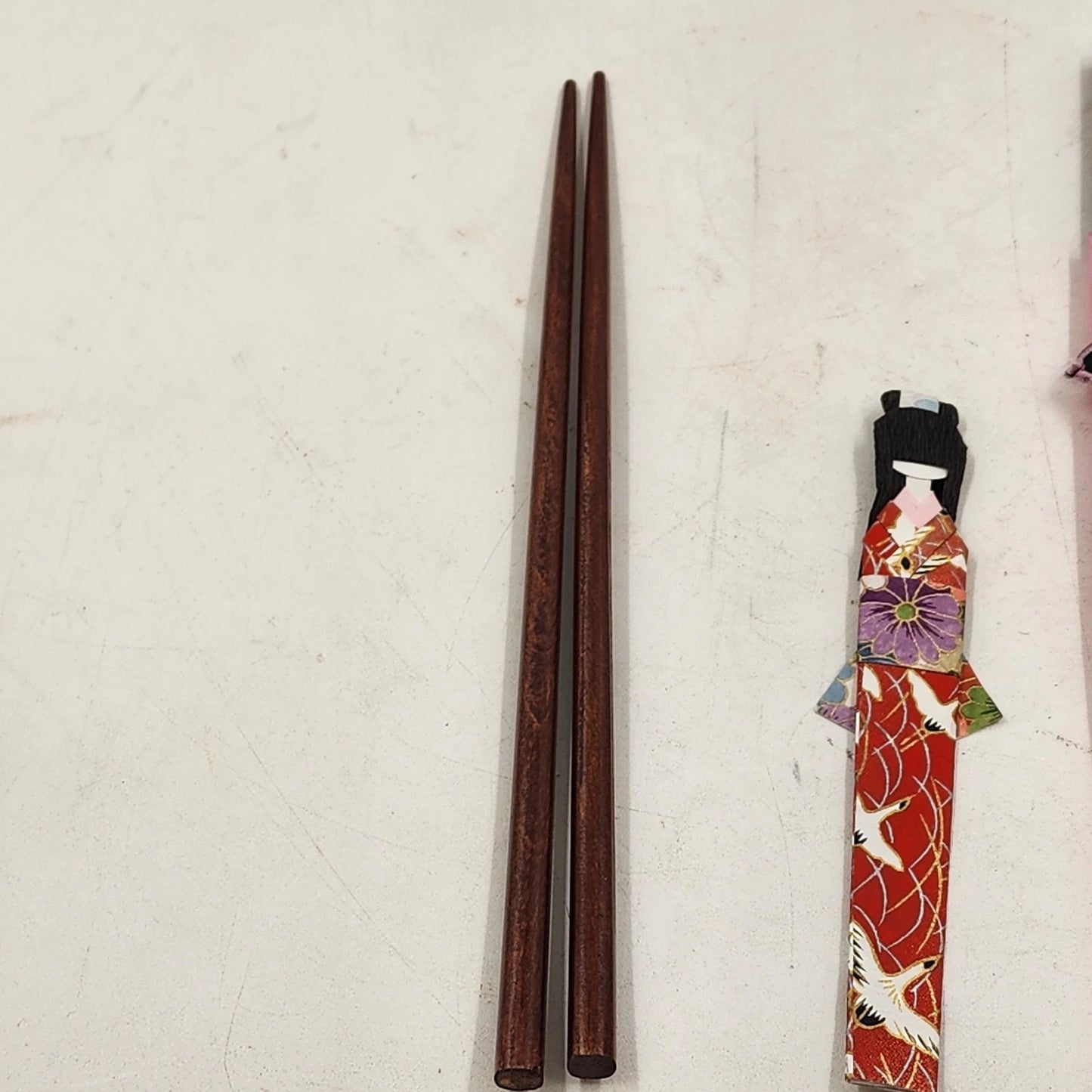 Japanese Wood Chopstick 3 Sets Kokeshi Doll Rest Butterfly Fabric Pouch Gift Vtg