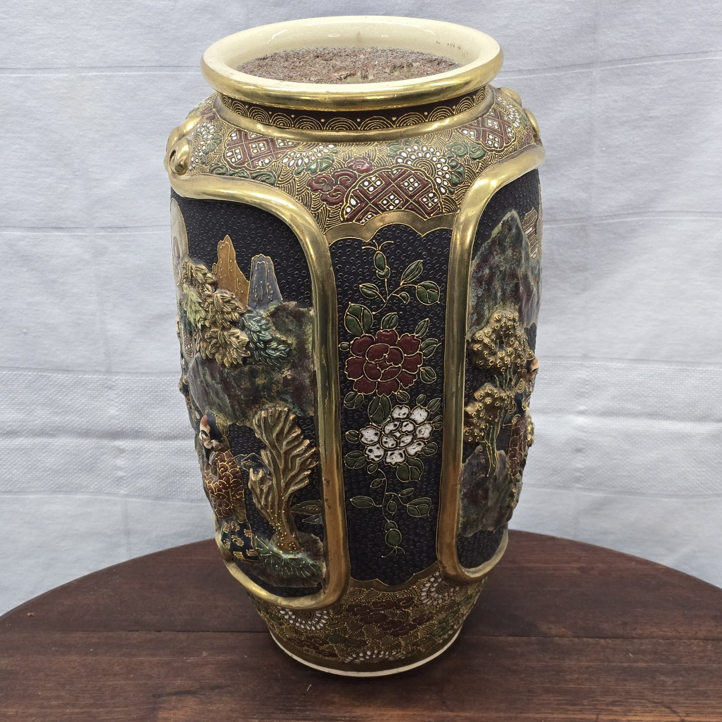 Antique Japanese Moriage Satsuma Vase Lamp Base Gold Gilt Raised High Relief 14"