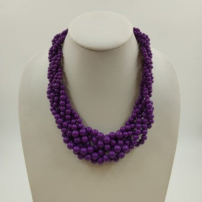 Gold Tone Purple Round Beads Twisted Braided Multi Strands 10" Necklace Jewelry