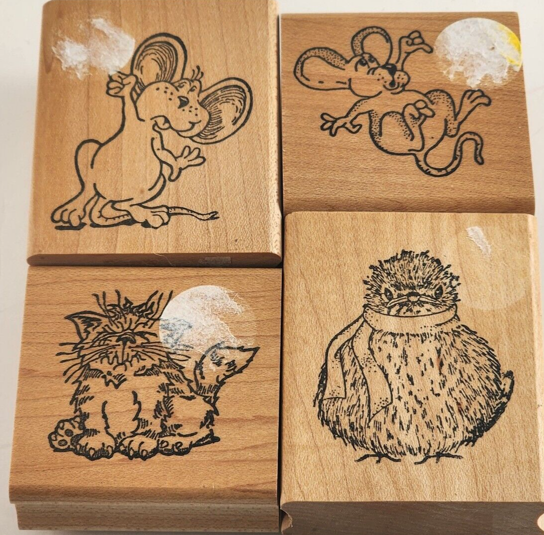 Lot of 4 Ann-ticipation Mouse Design Wooden Mounted Rubber Stamps Vintage