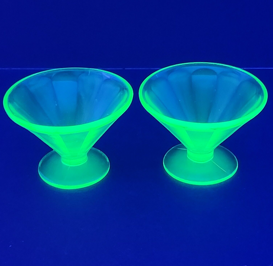 Set of 2 Depression Glass Footed Dessert Bowl Vintage Green Tinted Vaseline