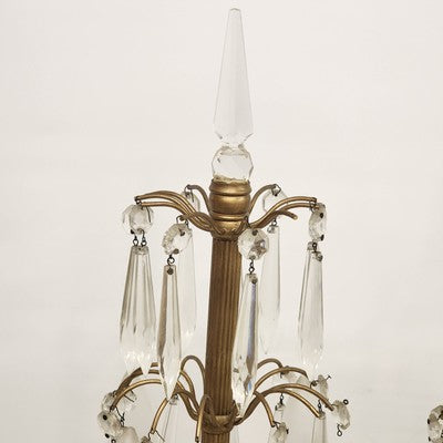 2 Gilt Brass Candelabra Table Lamps Antique Drop Crystal Prisms 4 Candle Lights