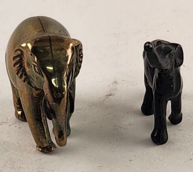 2 Metal Elephants Miniature Black & Brass Good luck Figure Statue Truck Up Down