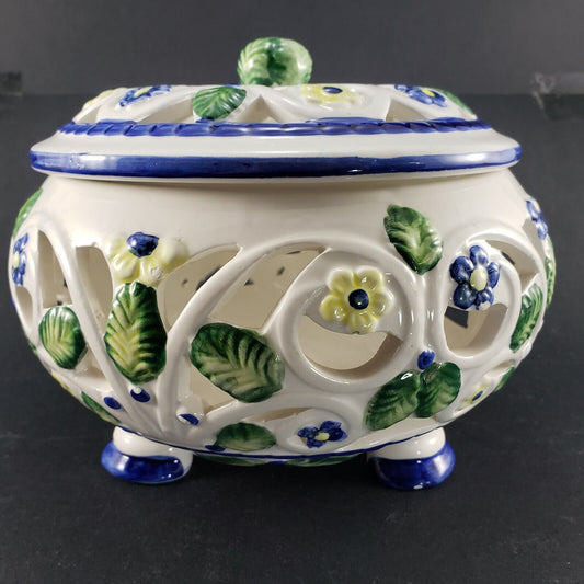 Bombay Style Potpourri Covered Dish 8" Floral Ceramic w Holes WBI China Vintage