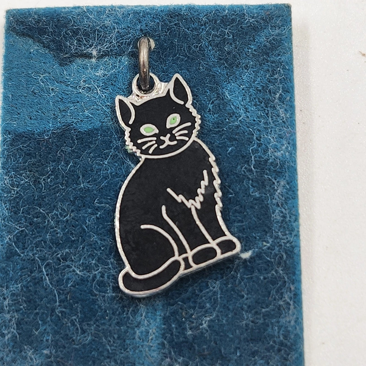 Sterling Silver Black Enamel Cat Charms Lot of 2 Green Eyes Red Bow Tie Vintage