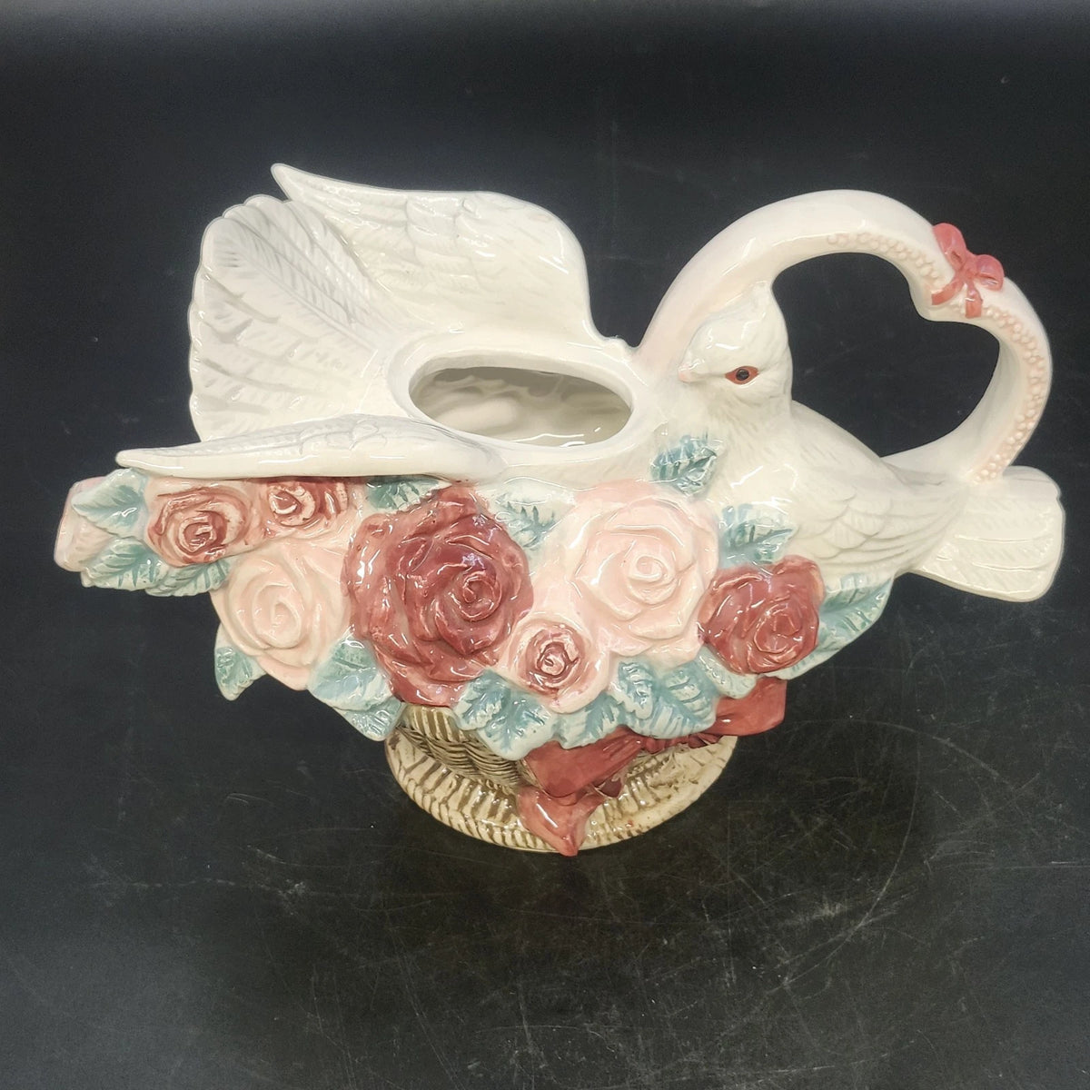Ceramic Dove Teapot Vase Roses Woven Basket Heart NO LID 9.25" Taiwan Vintage