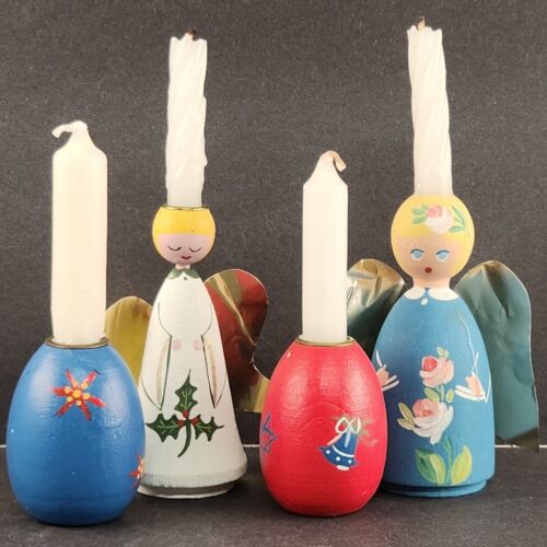 4 Anne Beate Small Wooden Angel Candlesticks Denmark Hand Painted 2 w Foil Wings