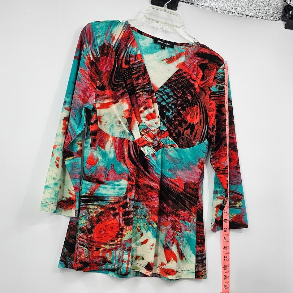 Y2K Mesmerize Retro Blouse Women’s L Multicolor Funky Print V-Neck Festival Top