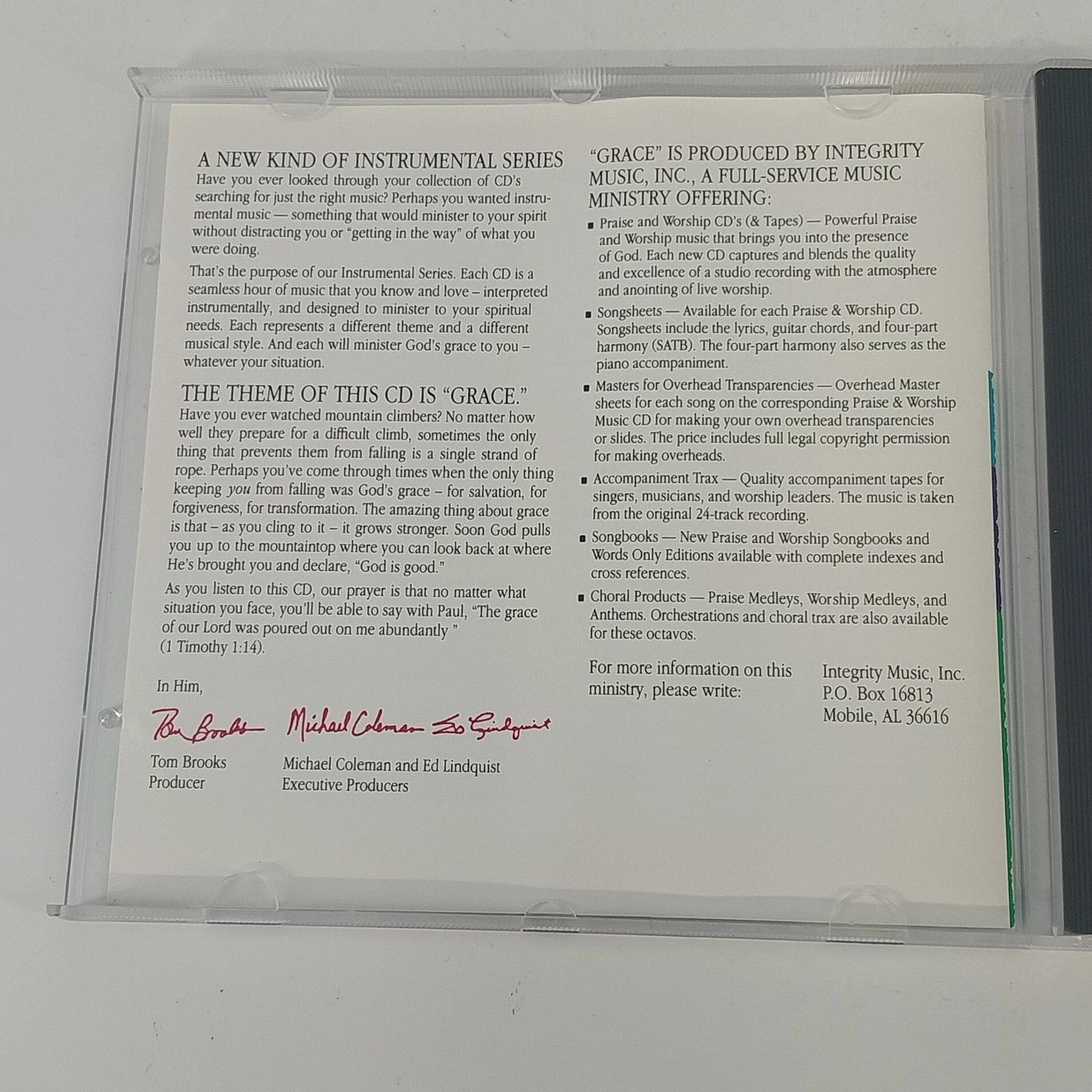 Integrity Music Experience Grace Instrumental CD 1990 Christian Worship Praise