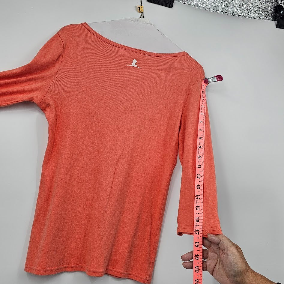 DKNY Jeans Women’s Medium Dream Tee Peach Orange Floral Graphic V-Neck 3/4 Sleeve Top