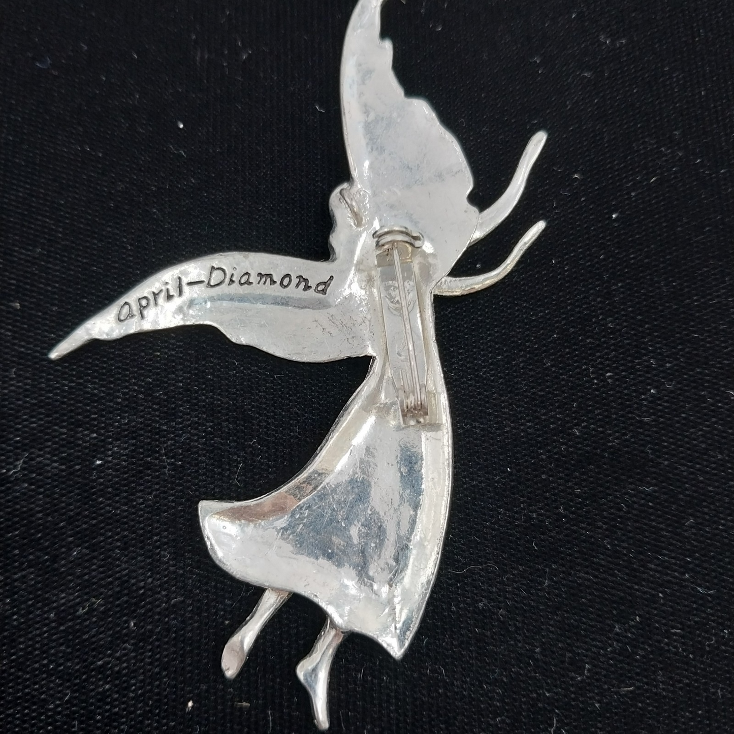 Metal Pewter Angel Brooch Pendant April Birthstone Diamond Crystal 3"Pin Vintage