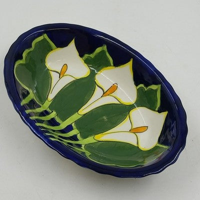 Talavera Calla Lilies Mexico Hand Painted Oval Bowl Art Pottery Signed Mexico Q