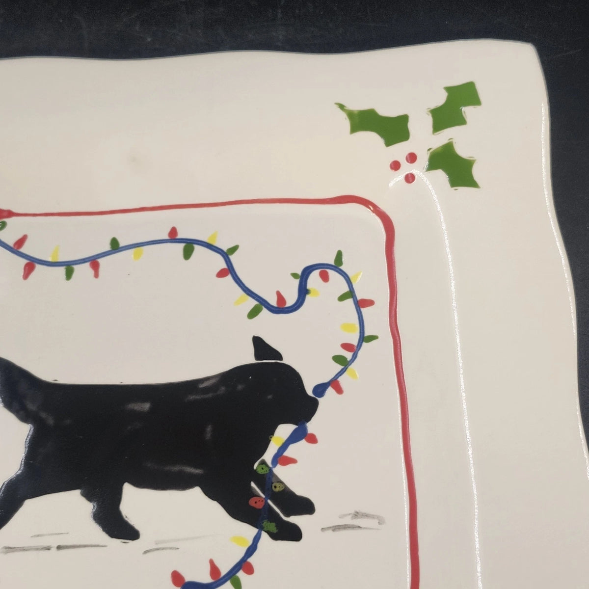 Prairie Dog Pottery Black Newfoundland Christmas Lights Square Plate 9.25" Holly